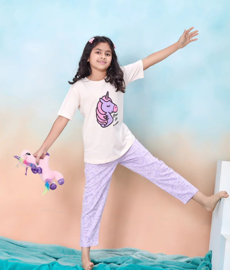 Artemea  Dream Like a Unicorn print Girls Premium Pajama set (2pc set -Top & Bottom) for Women | Best Price UAE